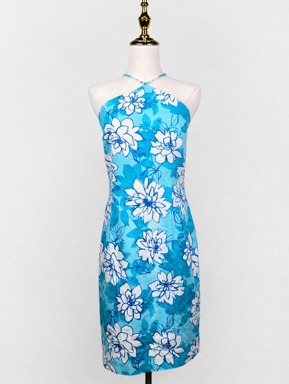 David Meister Blue Floral Halter Open Back Cocktail Dress Size 10 Resort Party